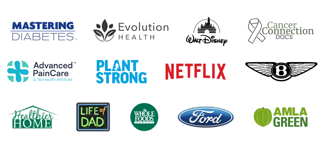 Logos of brands C4 Social has worked with: Mastering Diabetes, Evolution Health, Walt Disney, Cancer Connection Docs, Advanced PainCare & BioHealth Institute, PlantStrong, Netflix, Bentley, Healthier Home, Life of Dad, Whole Foods Market, Ford, and Amla Green
