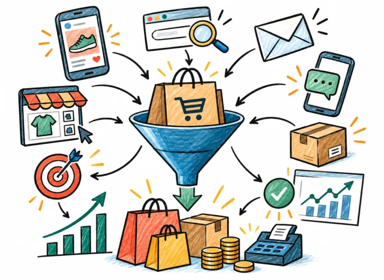 Illustration of social media, search, email, text message and online store traffic flowing into an eCommerce sales funnel that turns shoppers into orders, shipments and revenue growth